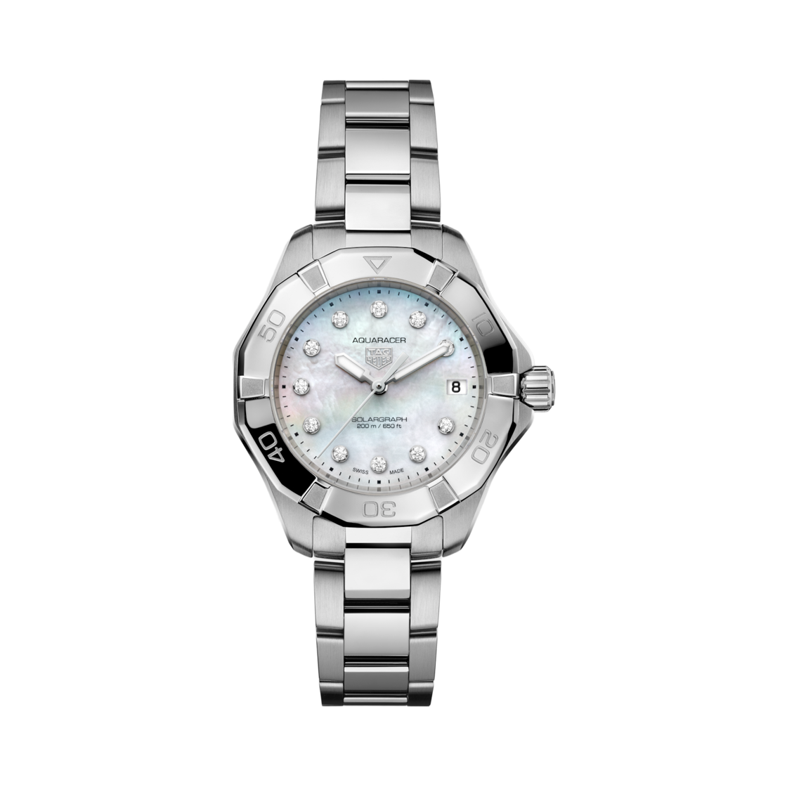 (W) 태그 호이어 아쿠아레이서 프로페셔널 200 솔라그래프 쿼츠 34mm 스틸 화이트 다이아몬드((W) TAG Heuer Aquaracer Professional 200 Solargraph Quartz 34mm Steel White Diamond)
