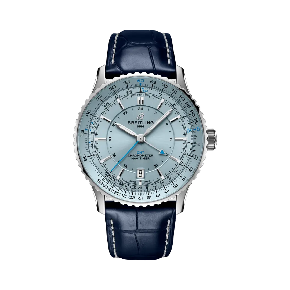 브라이틀링 내비타이머 오토매틱 GMT 41mm 블루 크로커다일 레더 아이스 블루(Breitling Navitimer Automatic GMT 41mm Blue Crocodile Leather Ice Blue)