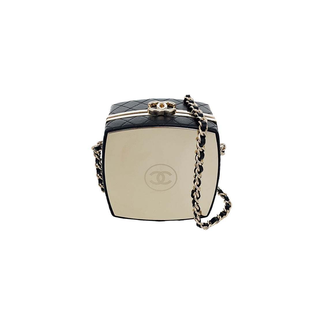 ITSHGKJUI9MN Chanel CC Logo Chain Cosmetic Bag in Black Champagne Gold Lambskin