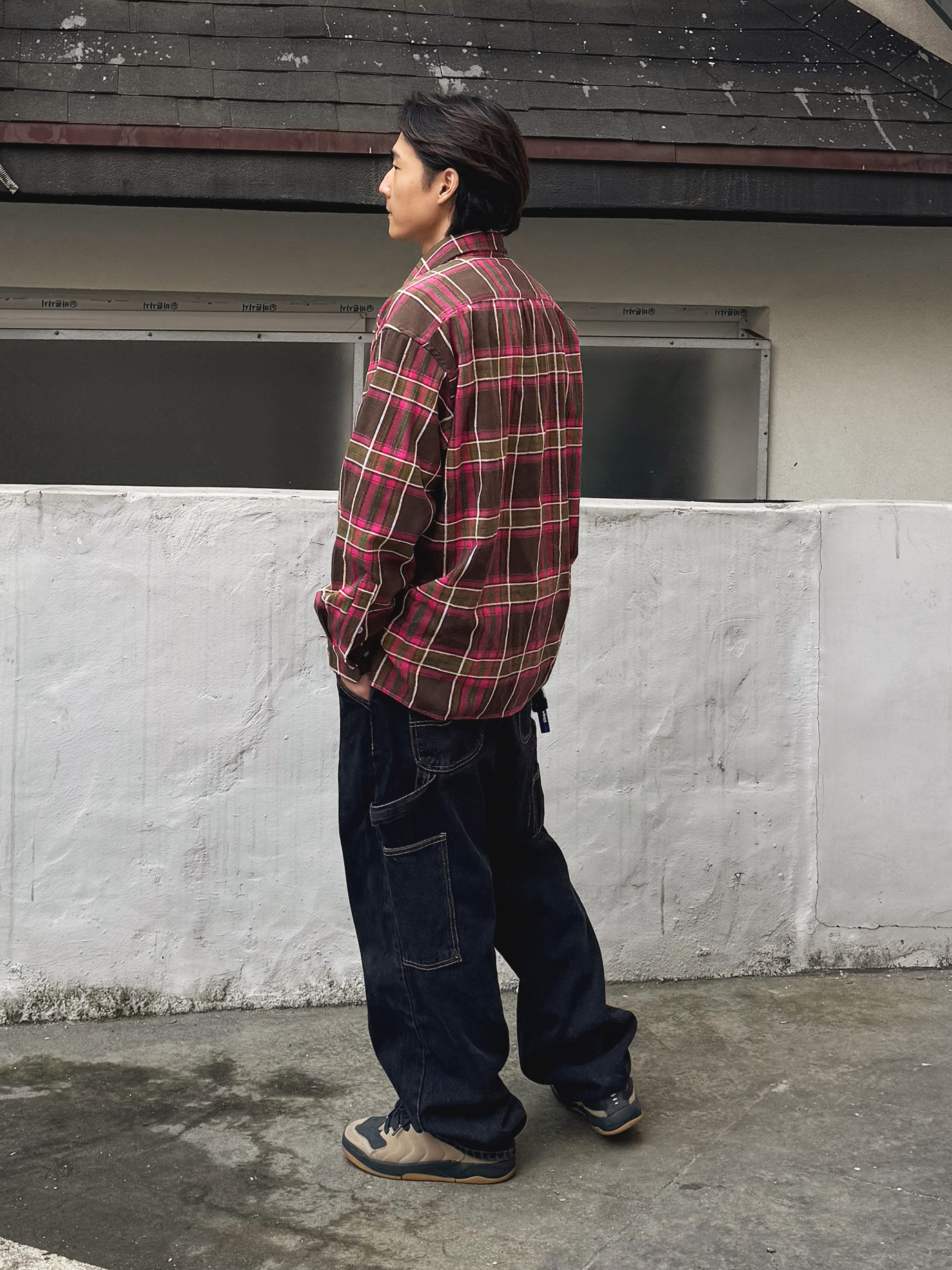 QT8 GARMENTS Rustic Core Flannel Check Shirt Pink, QT8 Garments TL Denim Carpenter Pant Black 착용 스타일 - 2