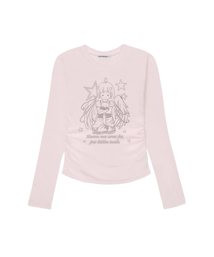 E261SSL009PN Escapefrom Angel Heaven Print Slim-Fit Shirring Long Sleeve