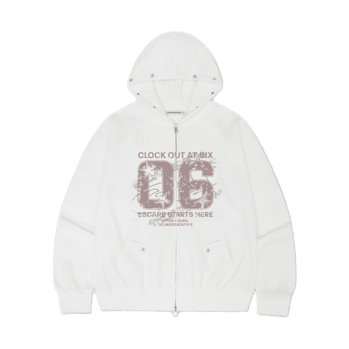 이스케이프프롬 06 ESCF 프린트 별 리벳 포인트 기모 투웨이 후드집업 화이트(Escapefrom 06 ESCF Print Star Rivet Brushed Two-Way Zip Hoodie)
