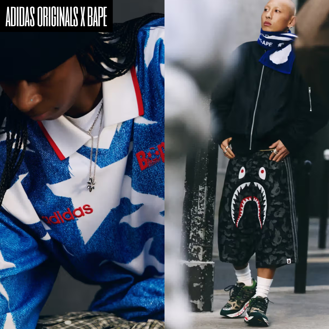 Adidas x BAPE Shark Denim Shorts Black - KR Sizing, Adidas x BAPE Jacquard Pants Black - KR Sizing 착용 스타일 - 3