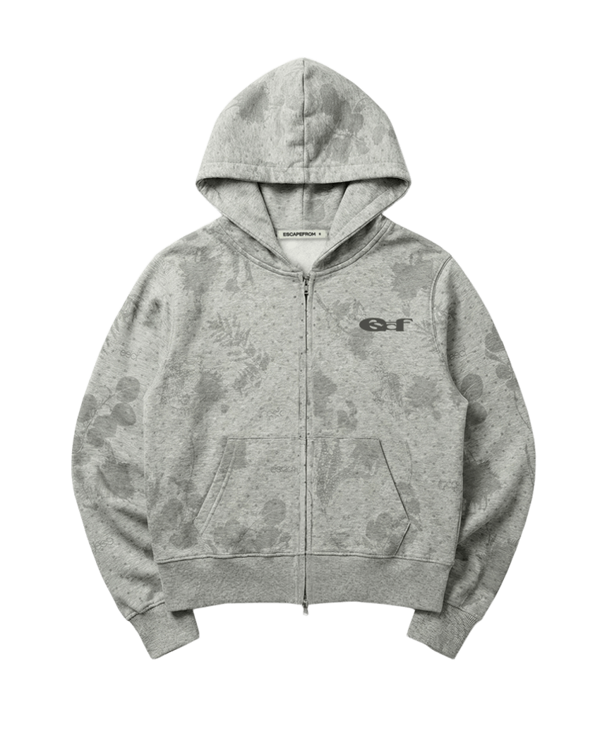 이스케이프프롬 톤온톤 도트 플라워 풀프린트 스탠다드핏 후드집업 멜란지 그레이(Escapefrom Tone-on-Tone Dot Flower All-Over Print Standard-Fit Zip Hoodie)