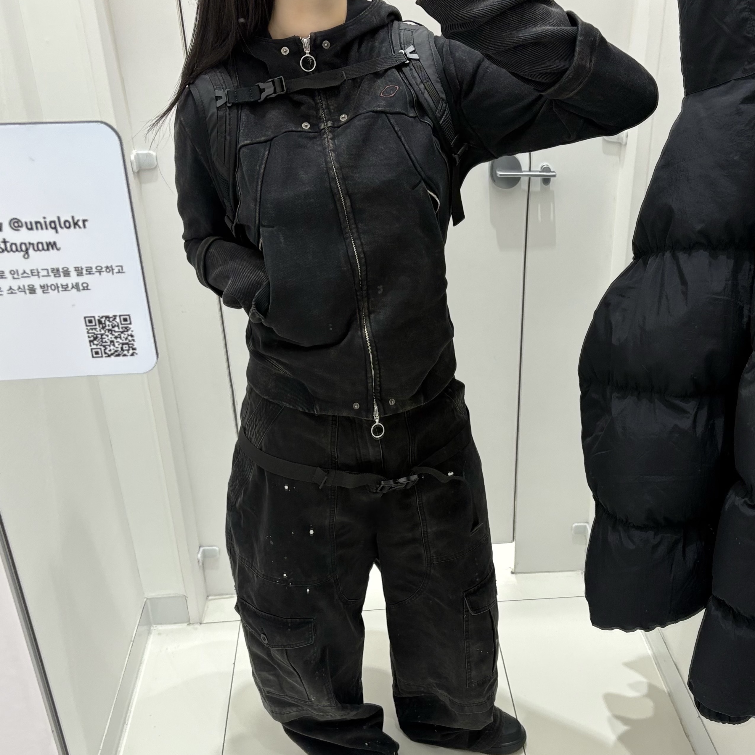 (W) Mischief Rhombus Punching Hoodie Zip Up Washed Black, Salomon Trailblazer 10 Black 착용 스타일 - 2