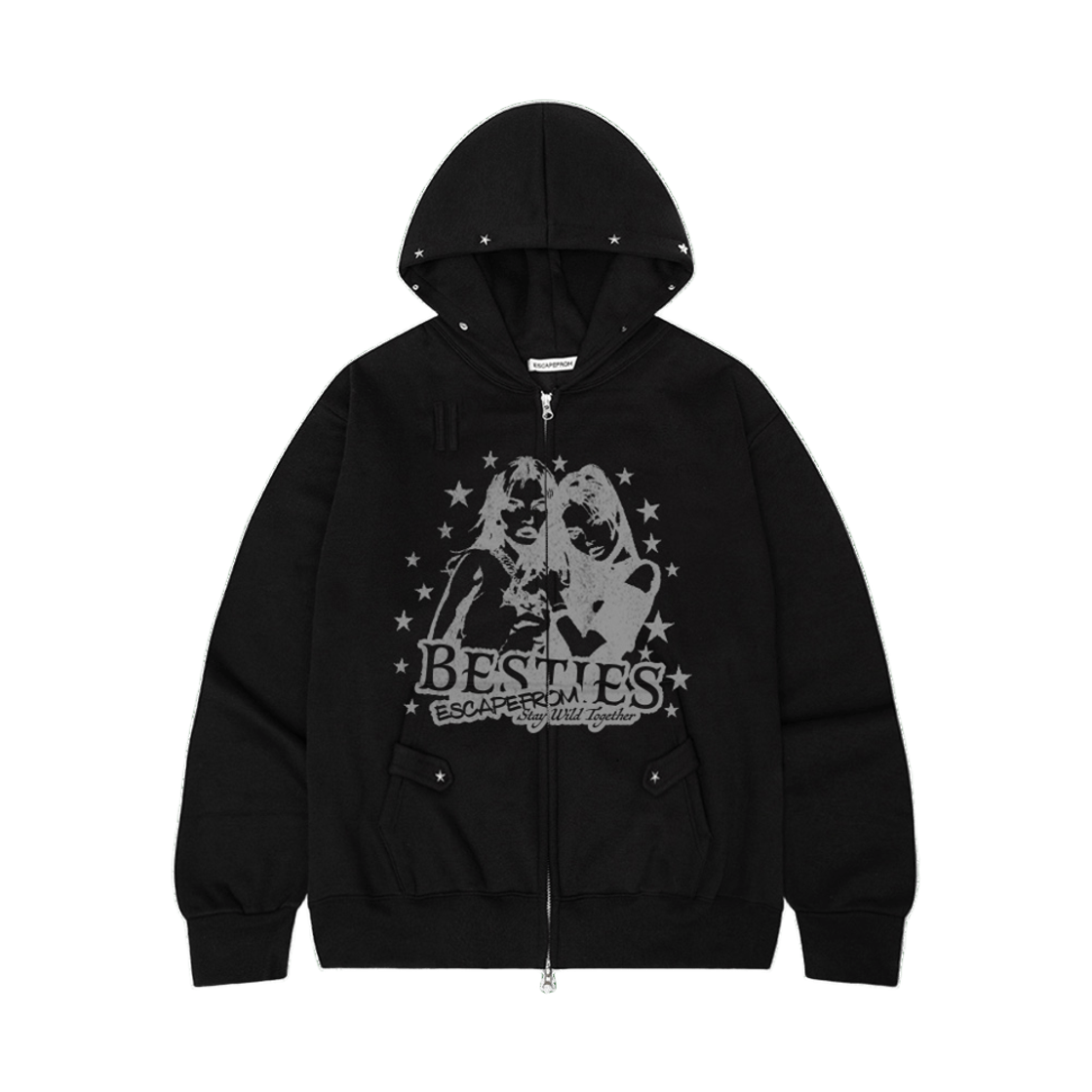 이스케이프프롬 베스티 ESCF 프린트 별 리벳 포인트 기모 투웨이 후드집업 블랙(Escapefrom Besties ESCF Print Star Rivet Brushed Two-Way Zip Hoodie)
