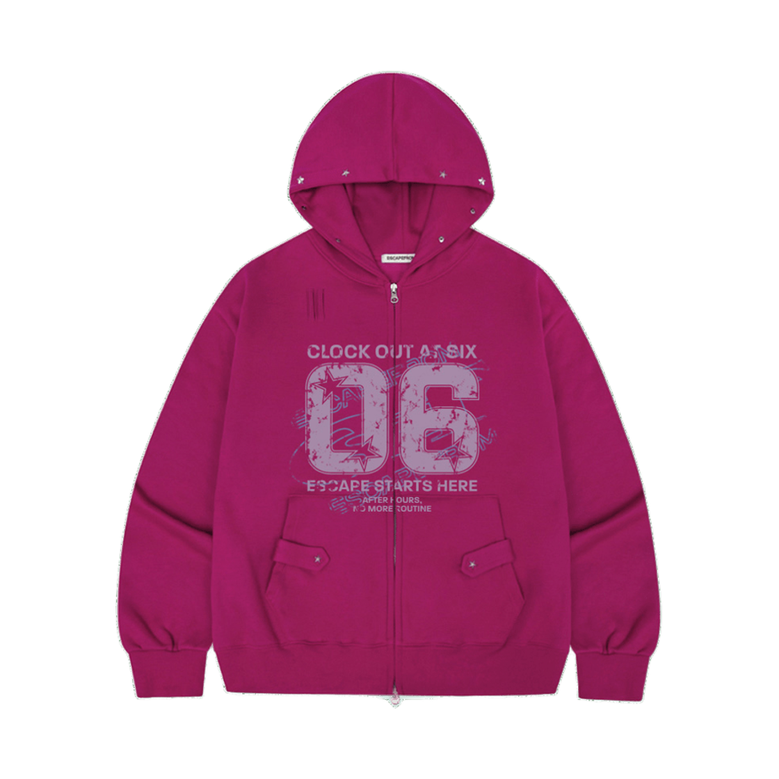 이스케이프프롬 06 ESCF 프린트 별 리벳 포인트 기모 투웨이 후드집업 핑크(Escapefrom 06 ESCF Print Star Rivet Brushed Two-Way Zip Hoodie)