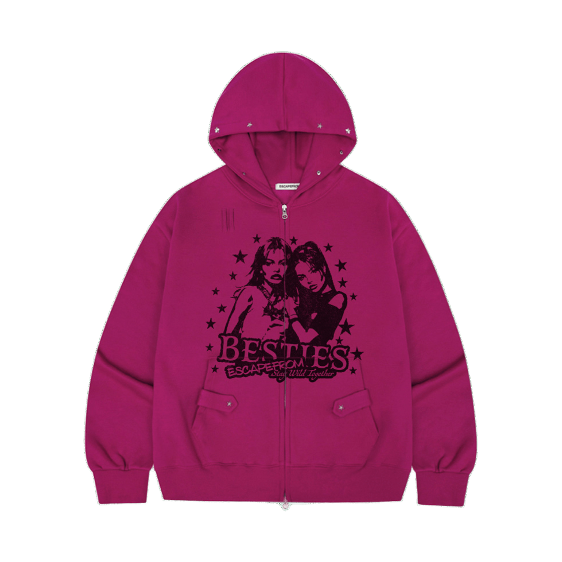 E261THZ004PN Escapefrom Besties ESCF Print Star Rivet Brushed Two-Way Zip Hoodie