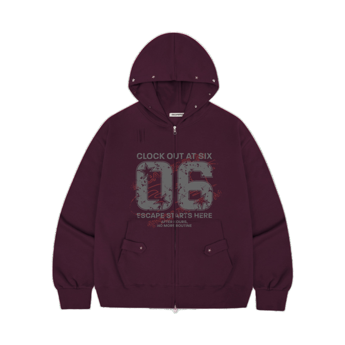 이스케이프프롬 06 ESCF 프린트 별 리벳 포인트 기모 투웨이 후드집업 버건디(Escapefrom 06 ESCF Print Star Rivet Brushed Two-Way Zip Hoodie)