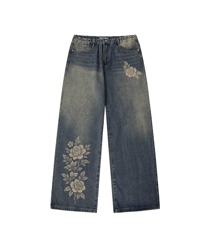 이스케이프프롬 장미 프린트 밴딩 워싱 데님 팬츠 빈티지(Escapefrom Rose Print Banded Washed Denim Pants)