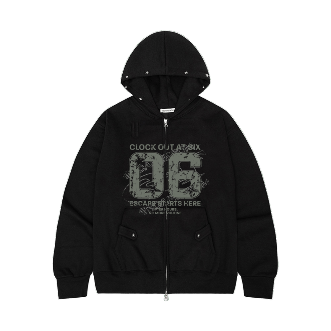 이스케이프프롬 06 ESCF 프린트 별 리벳 포인트 기모 투웨이 후드집업 블랙(Escapefrom 06 ESCF Print Star Rivet Brushed Two-Way Zip Hoodie)