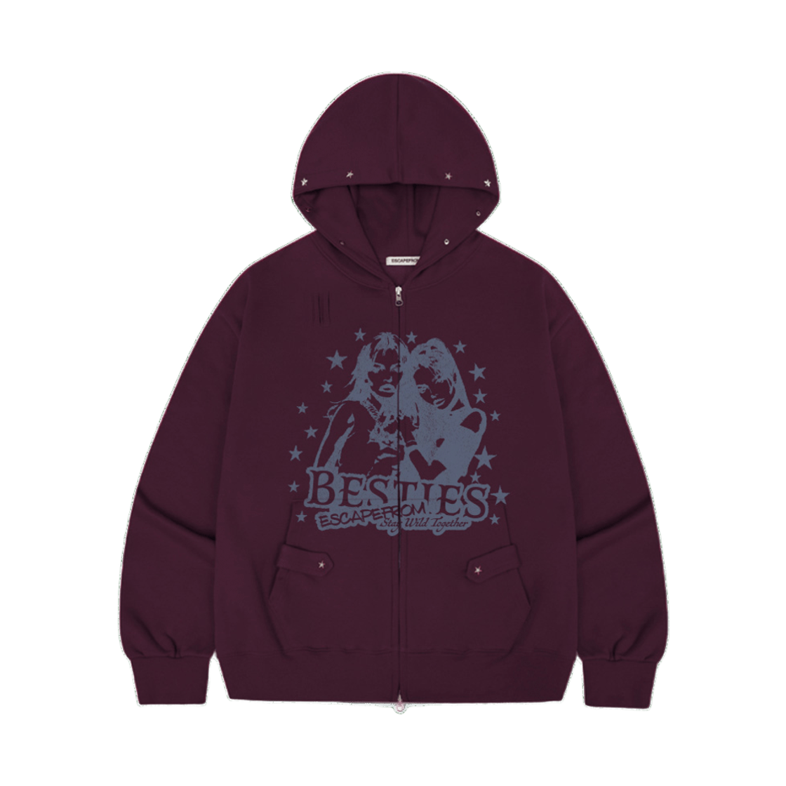 E261THZ003BG Escapefrom Besties ESCF Print Star Rivet Brushed Two-Way Zip Hoodie