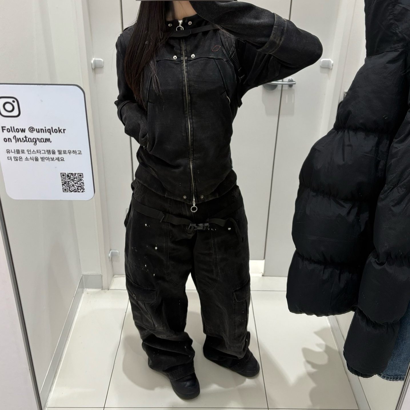 (W) Mischief Rhombus Punching Hoodie Zip Up Washed Black, Salomon Trailblazer 10 Black 착용 스타일 - 1