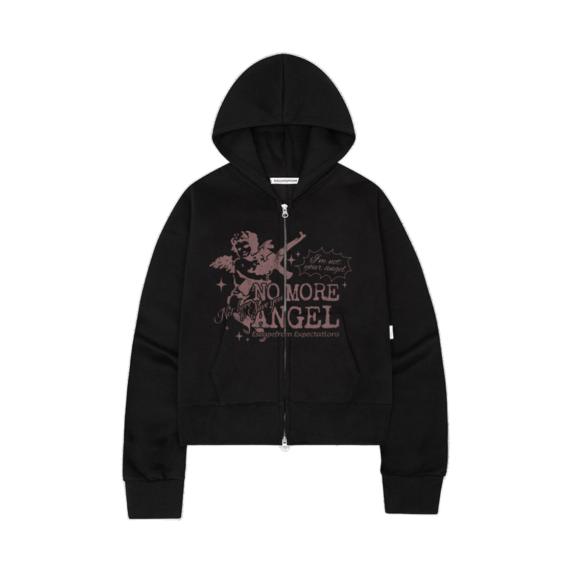 E261SHZ009BK Escapefrom Brushed No More Angel Print Standard-Fit Two-Way Zip Hoodie