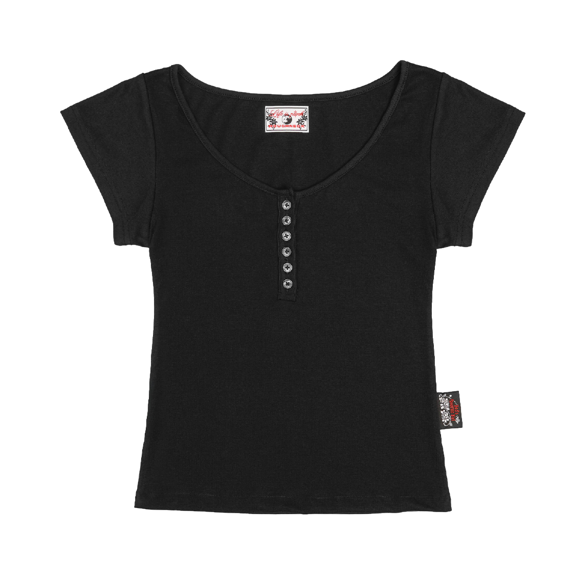 러프넥 아스키 크로스 헨리넥 티셔츠 블랙