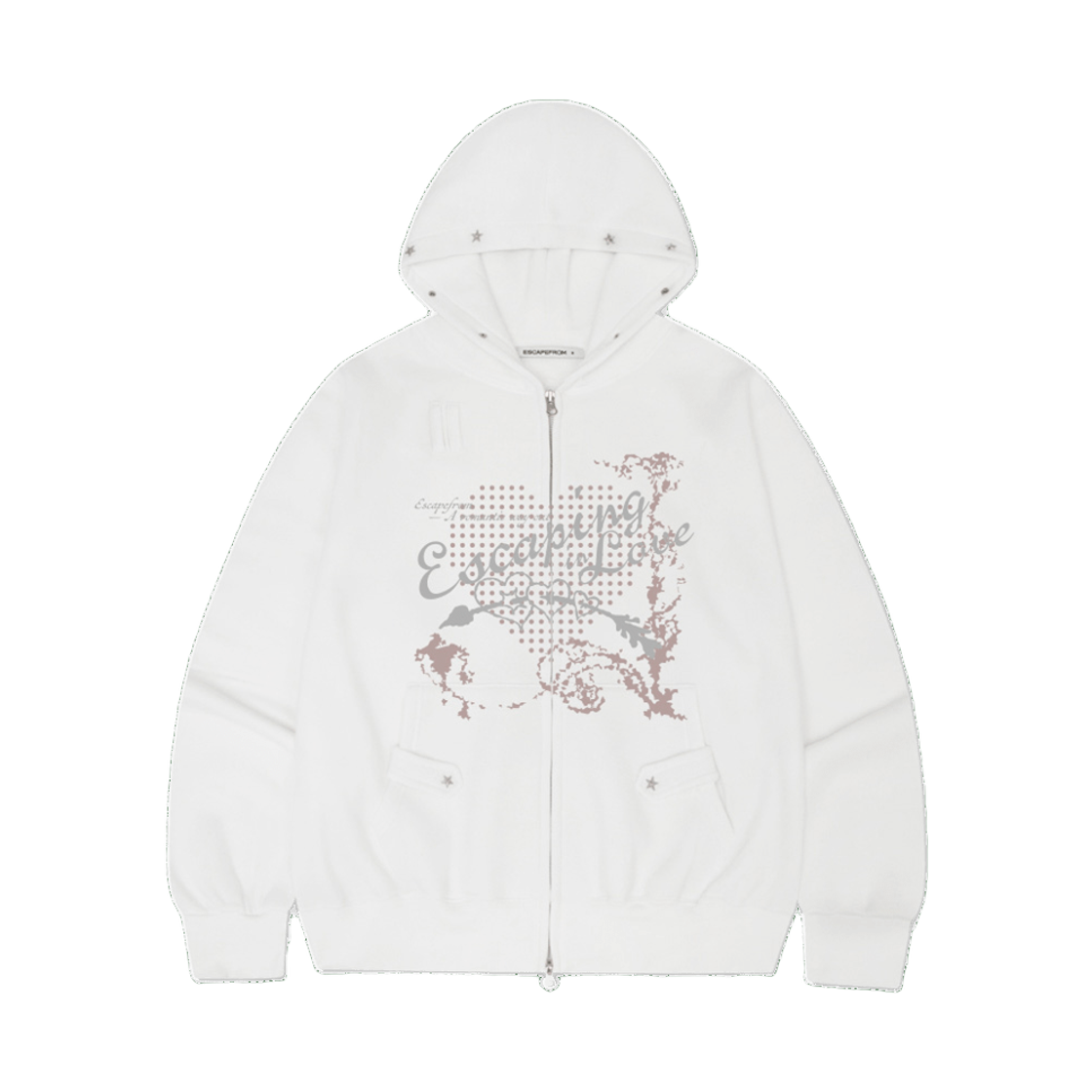 E261THZ009WH Escapefrom Escaping in Love Print Star Rivet Brushed Two-Way Zip Hoodie