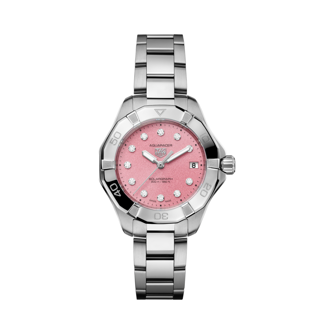 (W) 태그 호이어 아쿠아레이서 프로페셔널 200 솔라그래프 쿼츠 34mm 스틸 핑크 다이아몬드((W) TAG Heuer Aquaracer Professional 200 Solargraph Quartz 34mm Steel Pink Diamond)