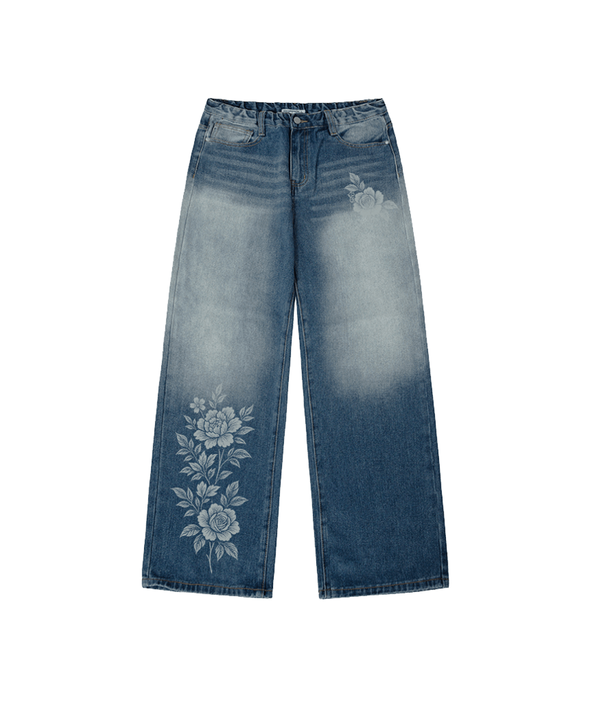 E261DP006BL Escapefrom Rose Print Banded Washed Denim Pants
