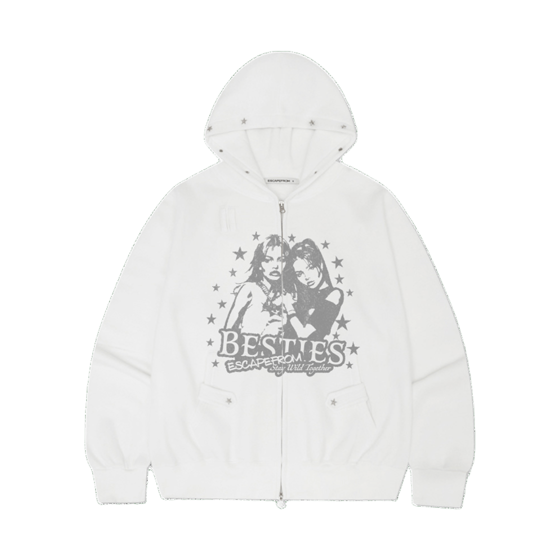 이스케이프프롬 베스티 ESCF 프린트 별 리벳 포인트 기모 투웨이 후드집업 화이트(Escapefrom Besties ESCF Print Star Rivet Brushed Two-Way Zip Hoodie)
