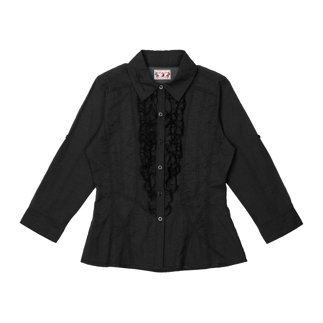 러프넥 프릴 시어 셔츠 블랙