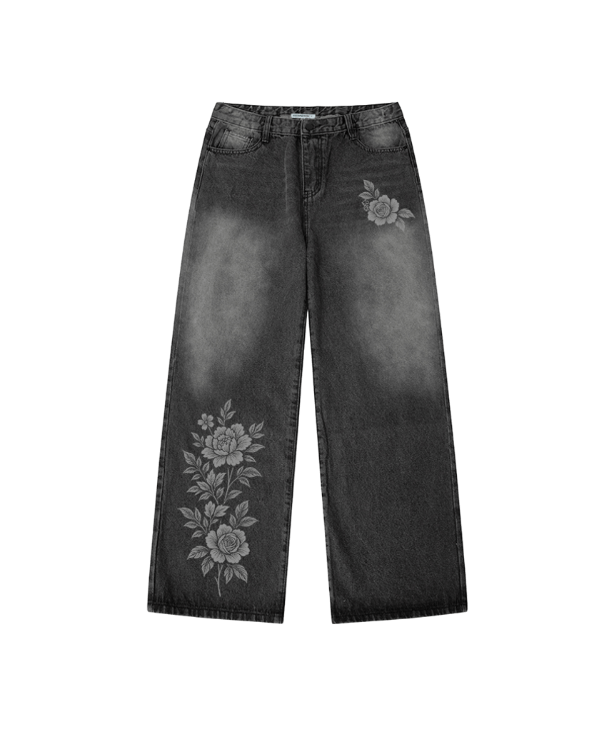E261DP008BK Escapefrom Rose Print Banded Washed Denim Pants