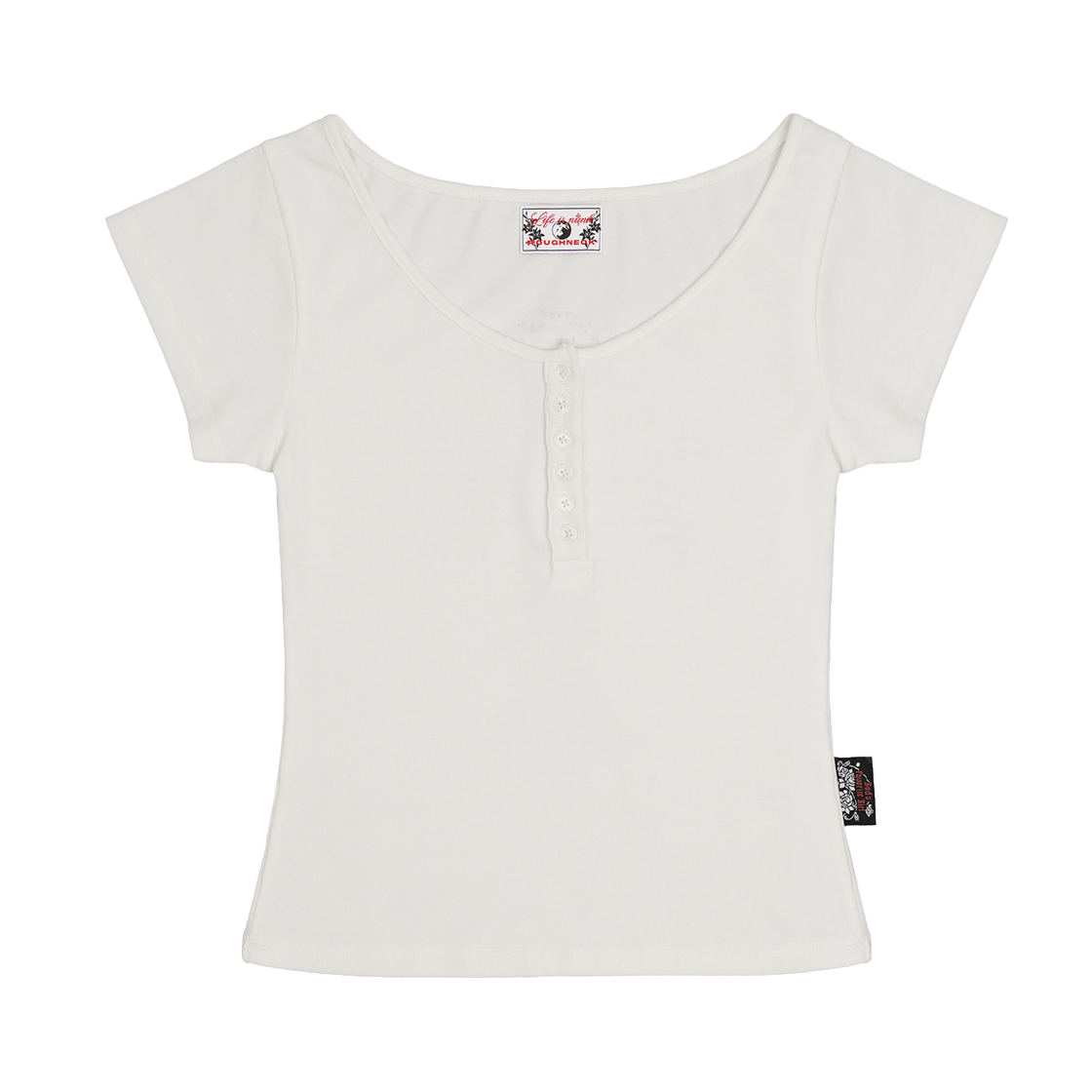 러프넥 아스키 크로스 헨리넥 티셔츠 화이트