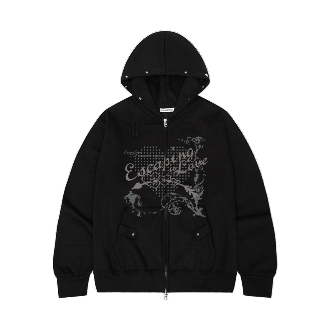 E261THZ010BK Escapefrom Escaping in Love Print Star Rivet Brushed Two-Way Zip Hoodie