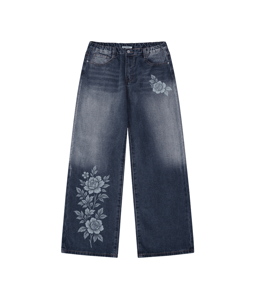 이스케이프프롬 장미 프린트 밴딩 워싱 데님 팬츠 진청(Escapefrom Rose Print Banded Washed Denim Pants)