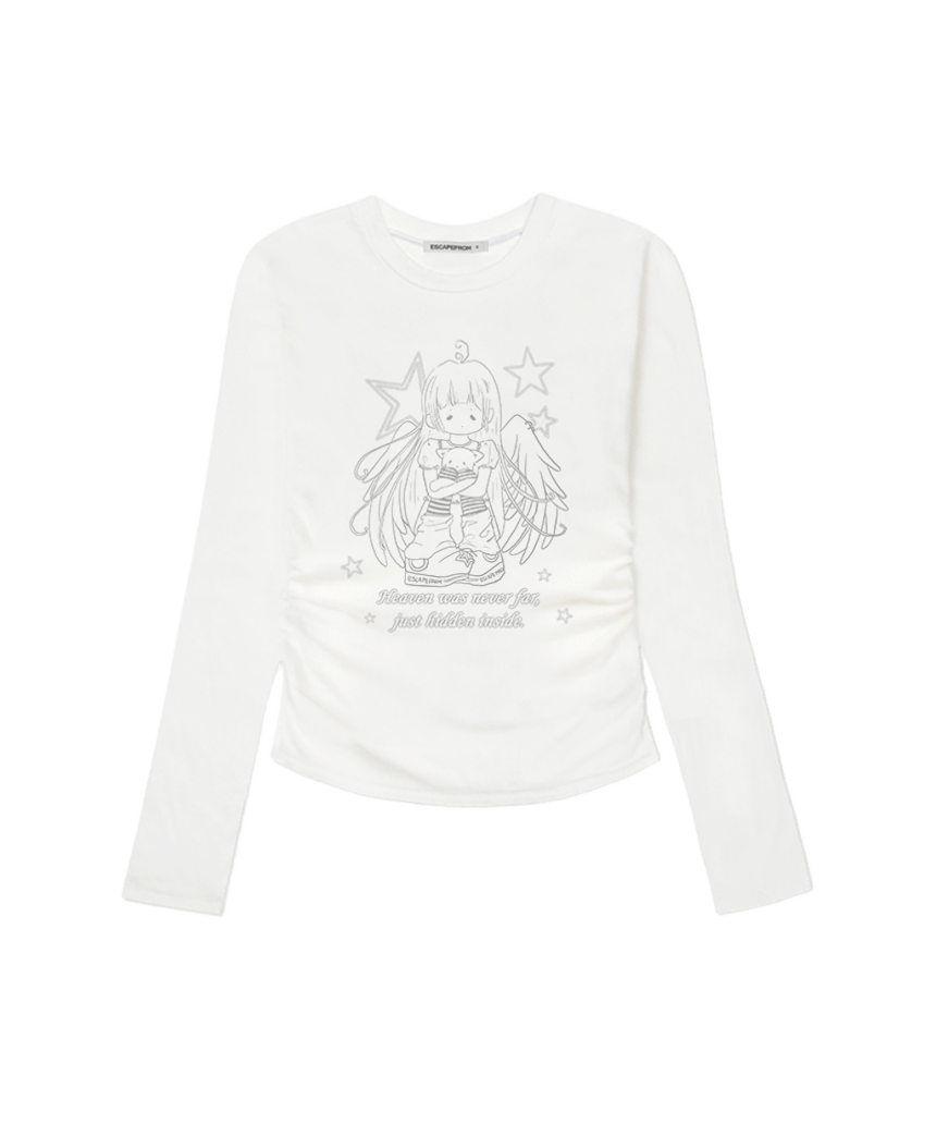 E261SSL008IV Escapefrom Angel Heaven Print Slim-Fit Shirring Long Sleeve