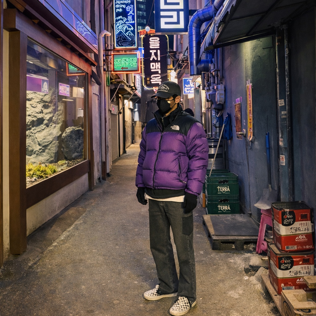 Chrome Hearts Gas Station Cemetery Trucker Hat Olive, The North Face 1996 Eco Nuptse Jacket Purple 착용 스타일 - 1