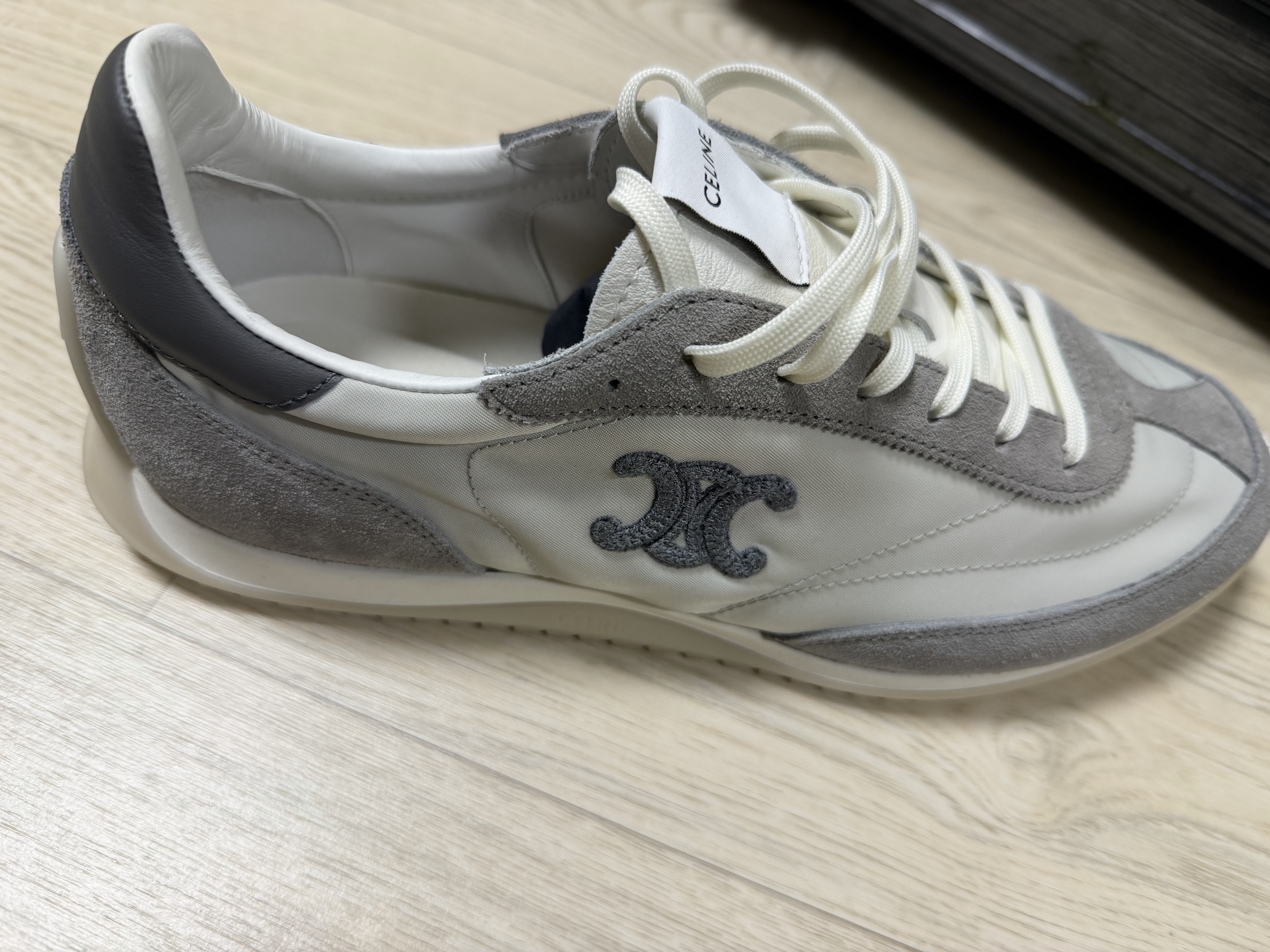 Celine Racer Low Lace-Up Sneakers with Triomphe in Nylon Suede Calfskin Grey 착용 스타일