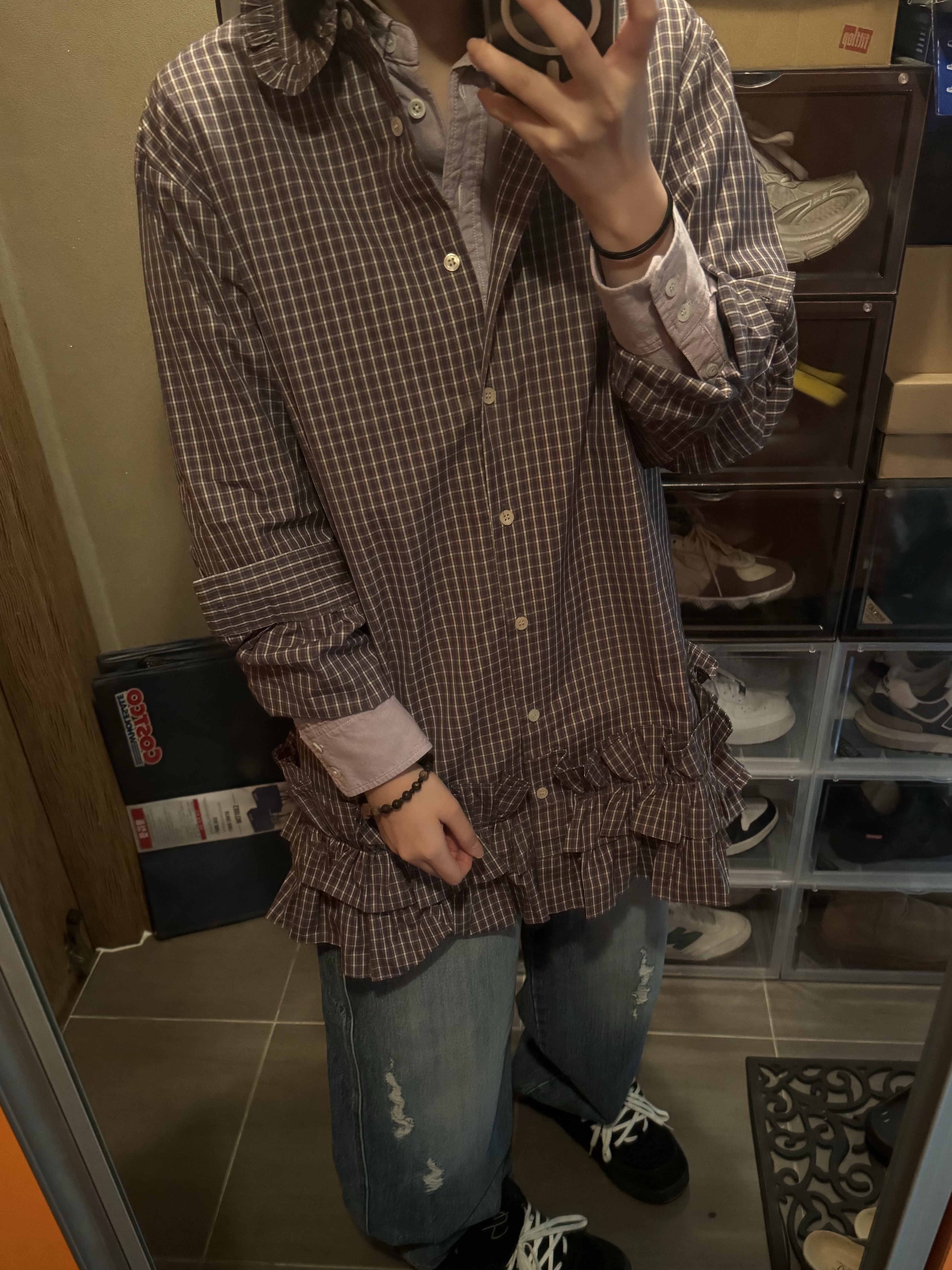 Undermycar MU.135 Circle Logo Basic Long Sleeve Check Shirts Pink Gray 착용 스타일 - 2
