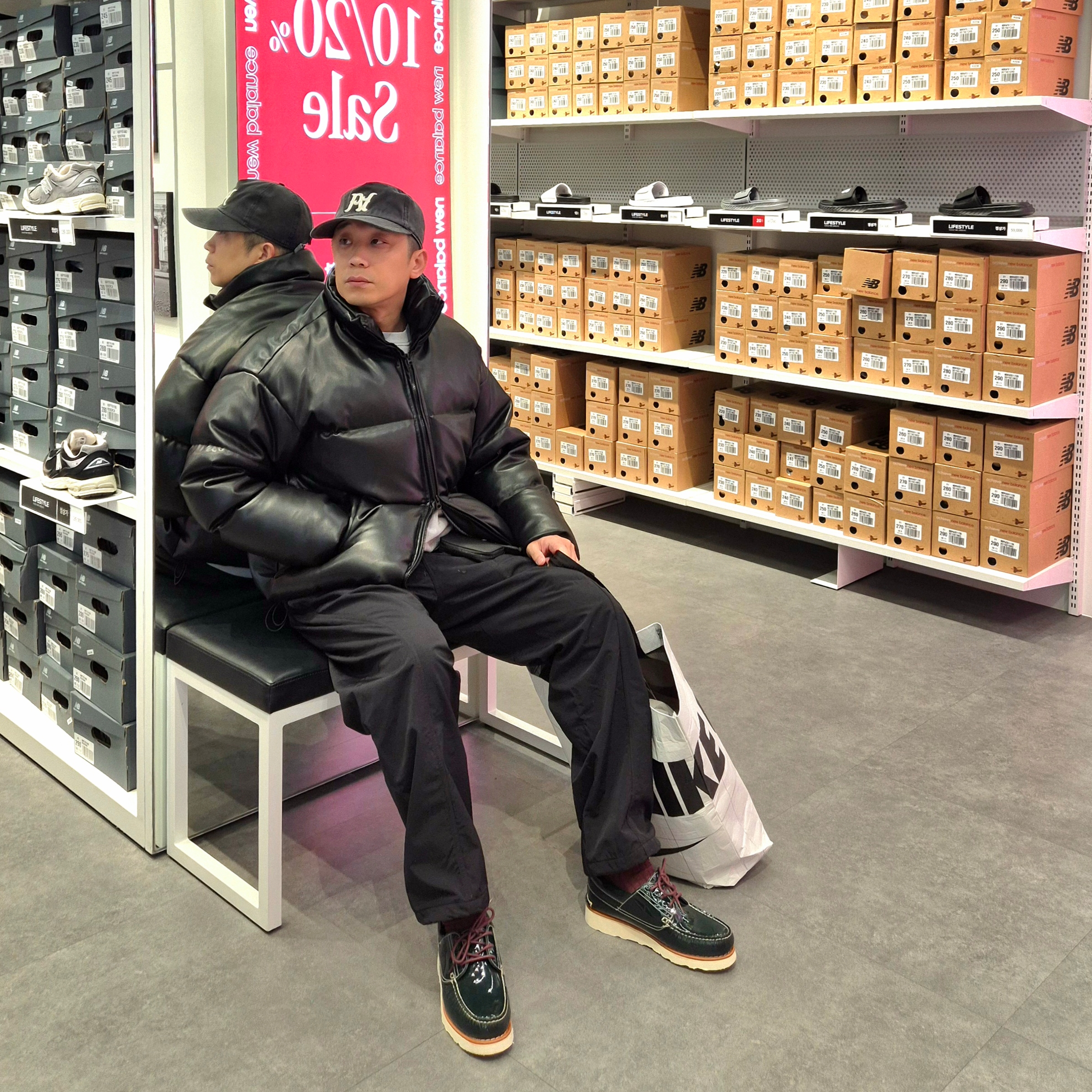 KASINA x Timberland 3 Eye Wedge Vibram Dark Green, QT8 Garments GB Synthetic Leather Duck Down Short Padding Black 착용 스타일 - 3