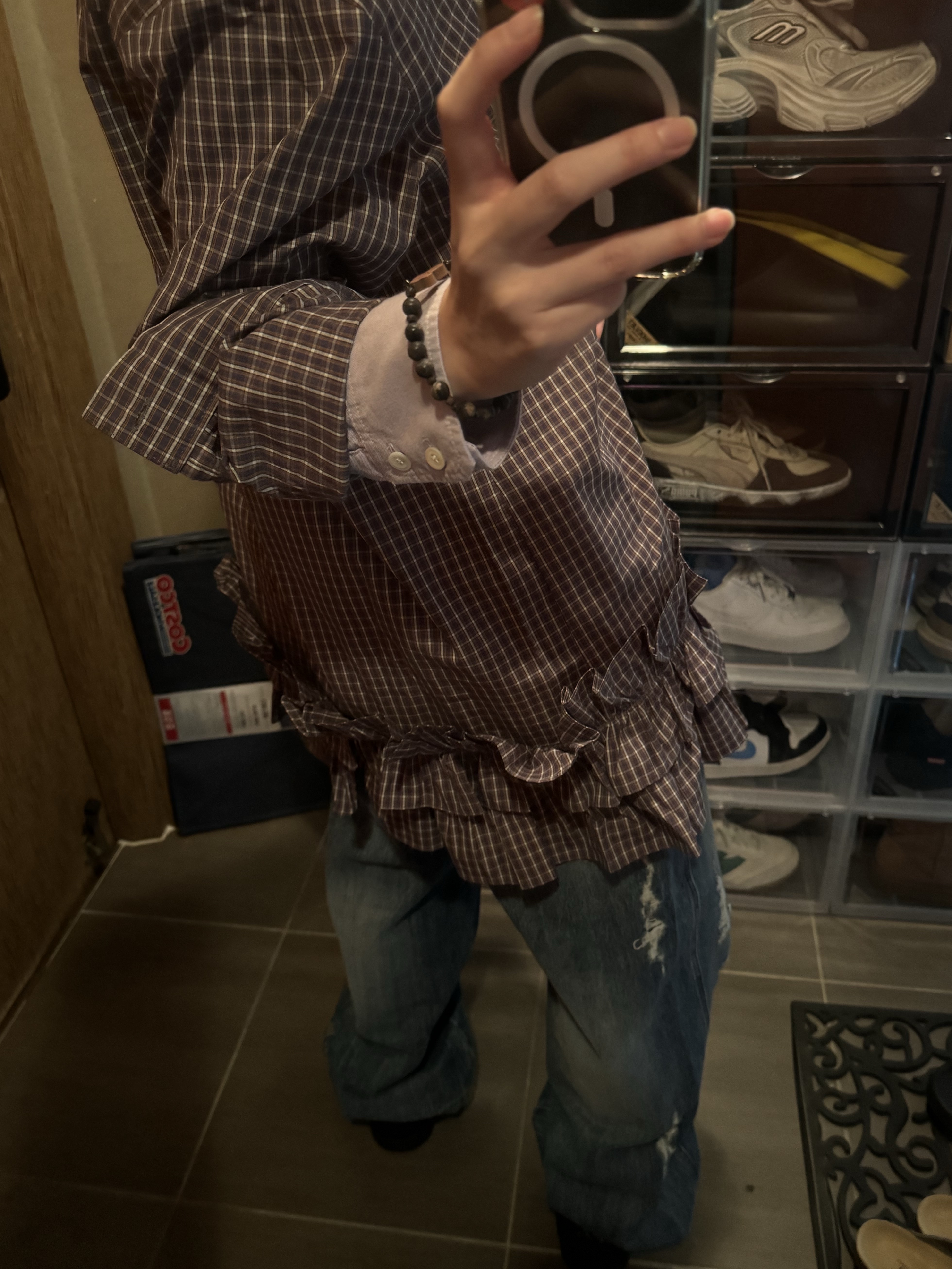 Undermycar MU.135 Circle Logo Basic Long Sleeve Check Shirts Pink Gray 착용 스타일 - 1