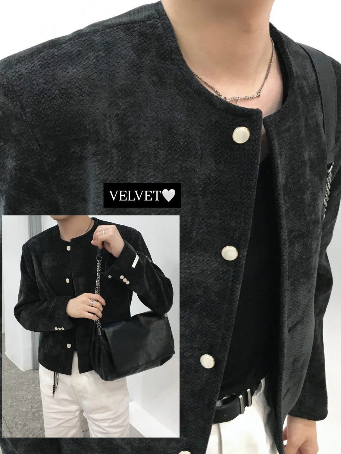 Jacquemus La Chaine Signature Logo Chain Necklace Silver, Zara Rock Style Flap Shoulder Bag Black 착용 스타일 - 8