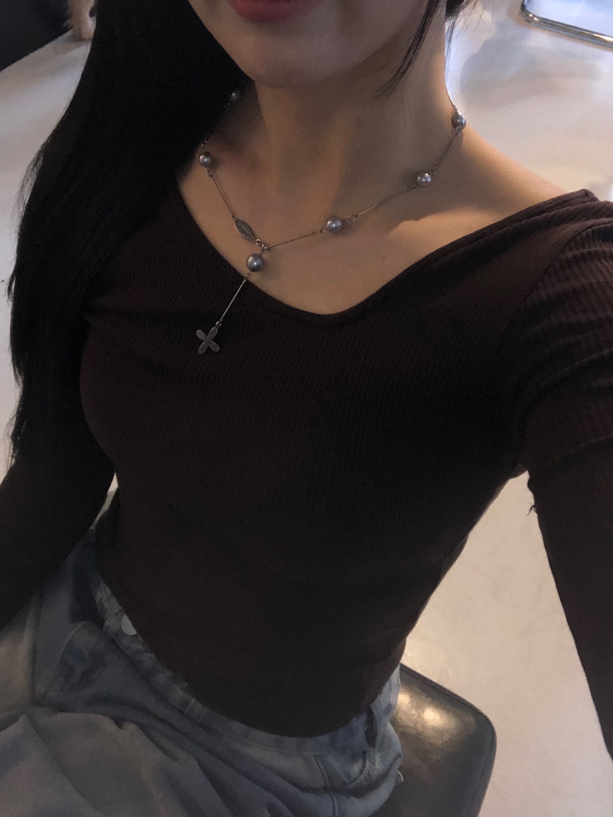 Riomeu Silver Ocean Pear Stick Necklace 착용 스타일