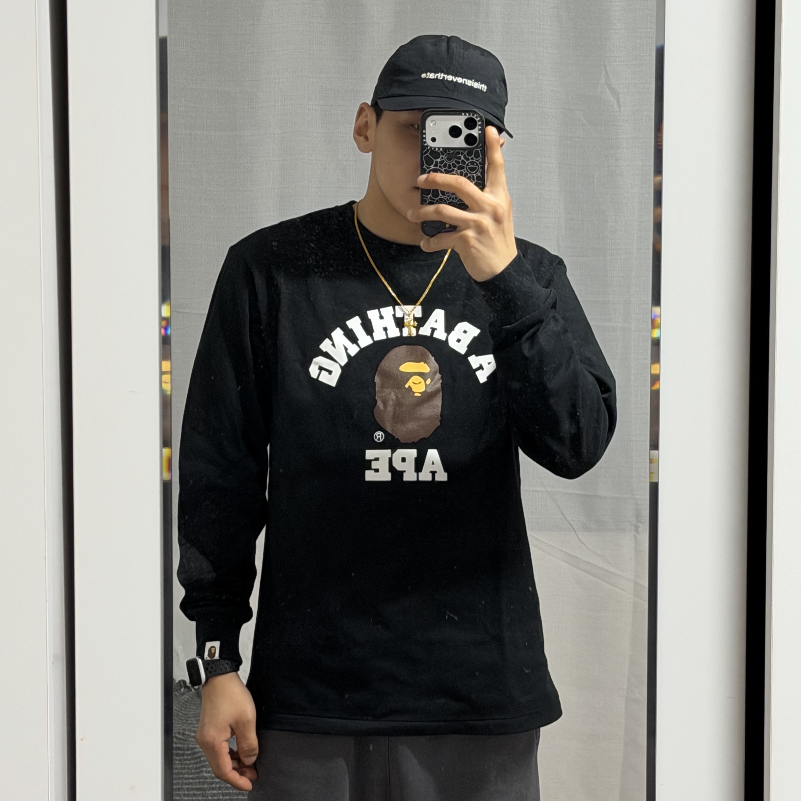 BAPE College L/S T-Shirt Black 착용 스타일 - 2