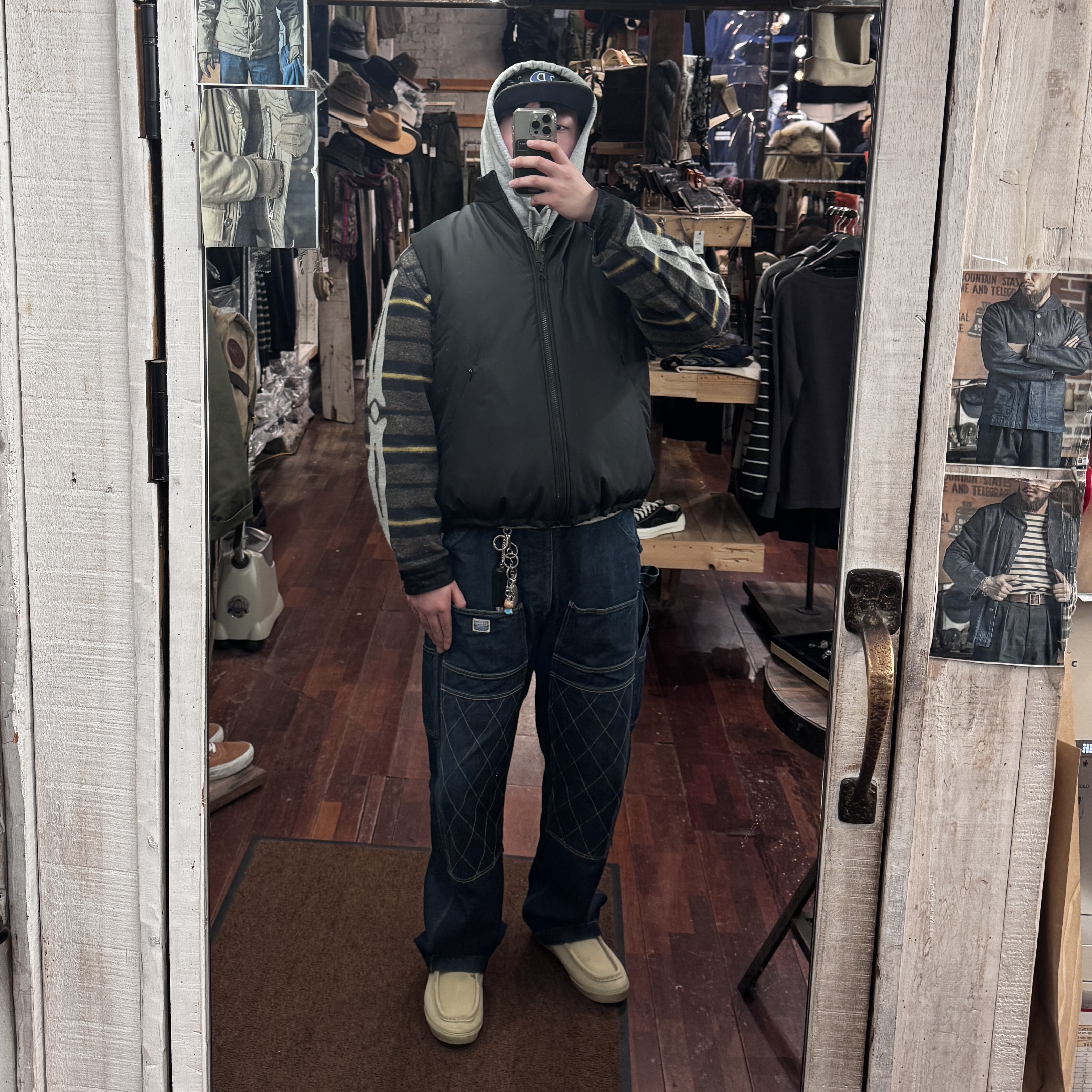 Kapital 14 oz. Denim Bone Lining Reversible Zip Up Work Jacket Black, Kapital 11.5 oz. Denim Lumber Pants Indigo 착용 스타일