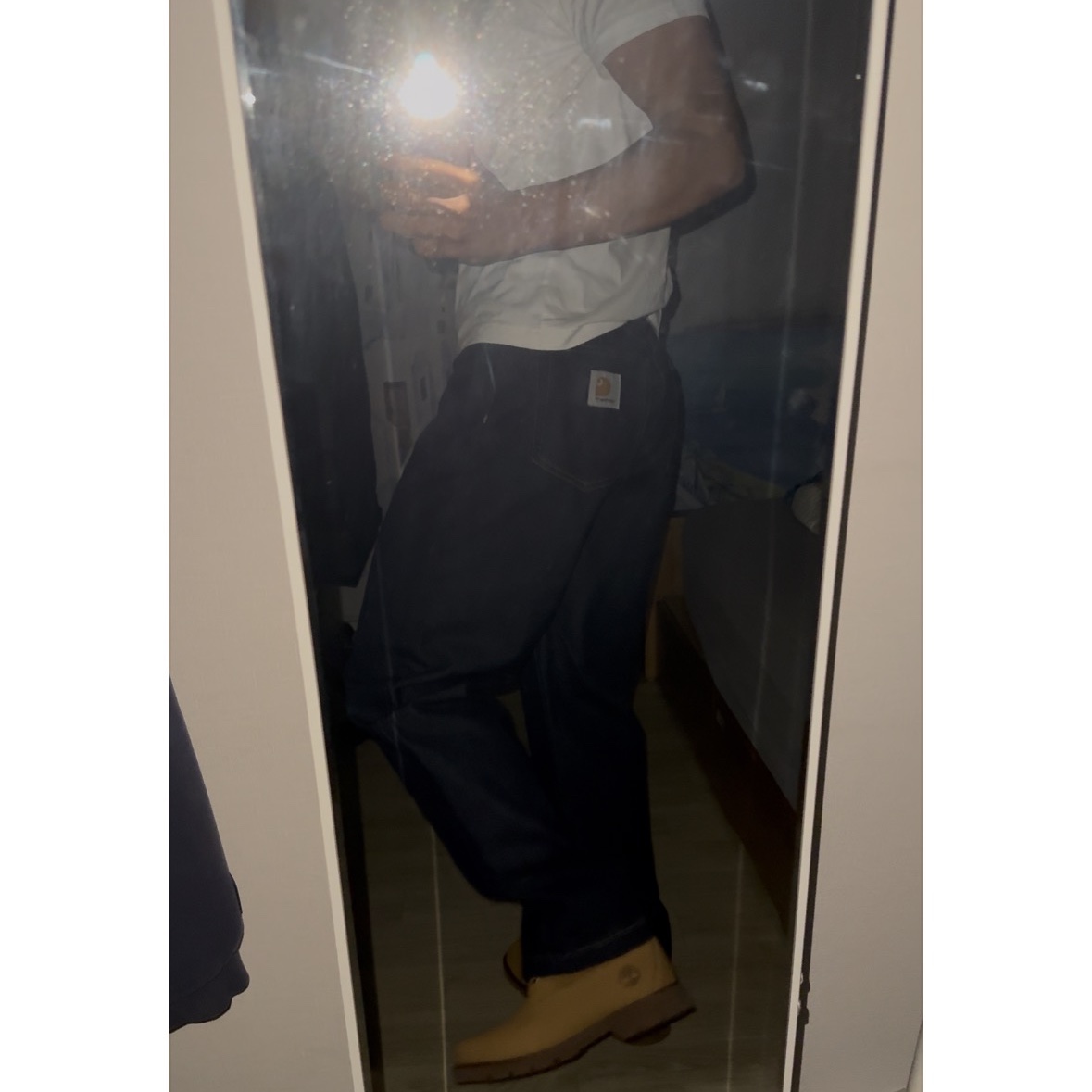 Timberland 6 Inch Laceup Basic Boots Wheat Brown - Wide, Carhartt WIP Robertson Denim Landon Pants Blue Rinsed 착용 스타일 - 1