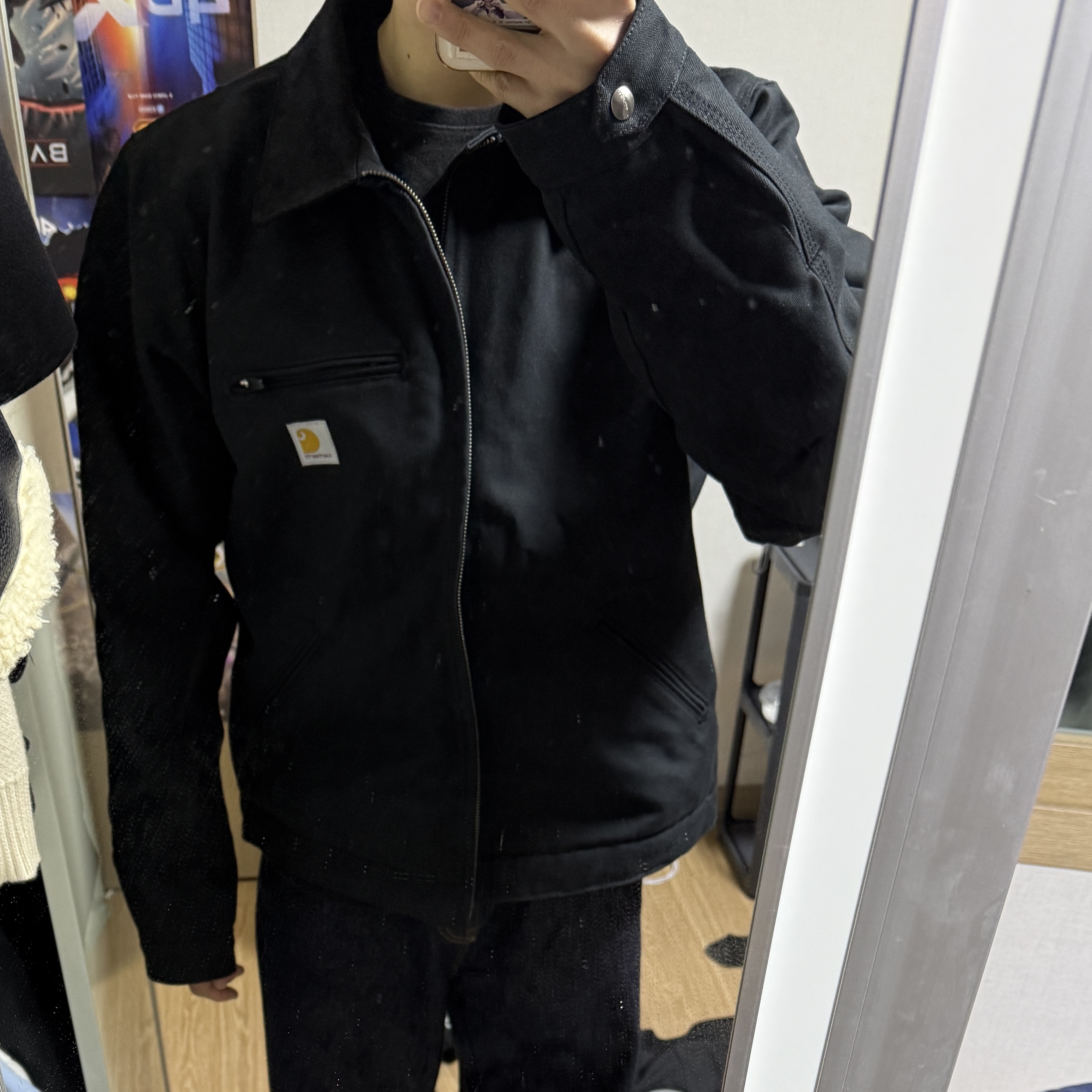 Carhartt Blanket Lined Relaxed Fit Regular Duck Detroit Jacket Black 착용 스타일 - 2