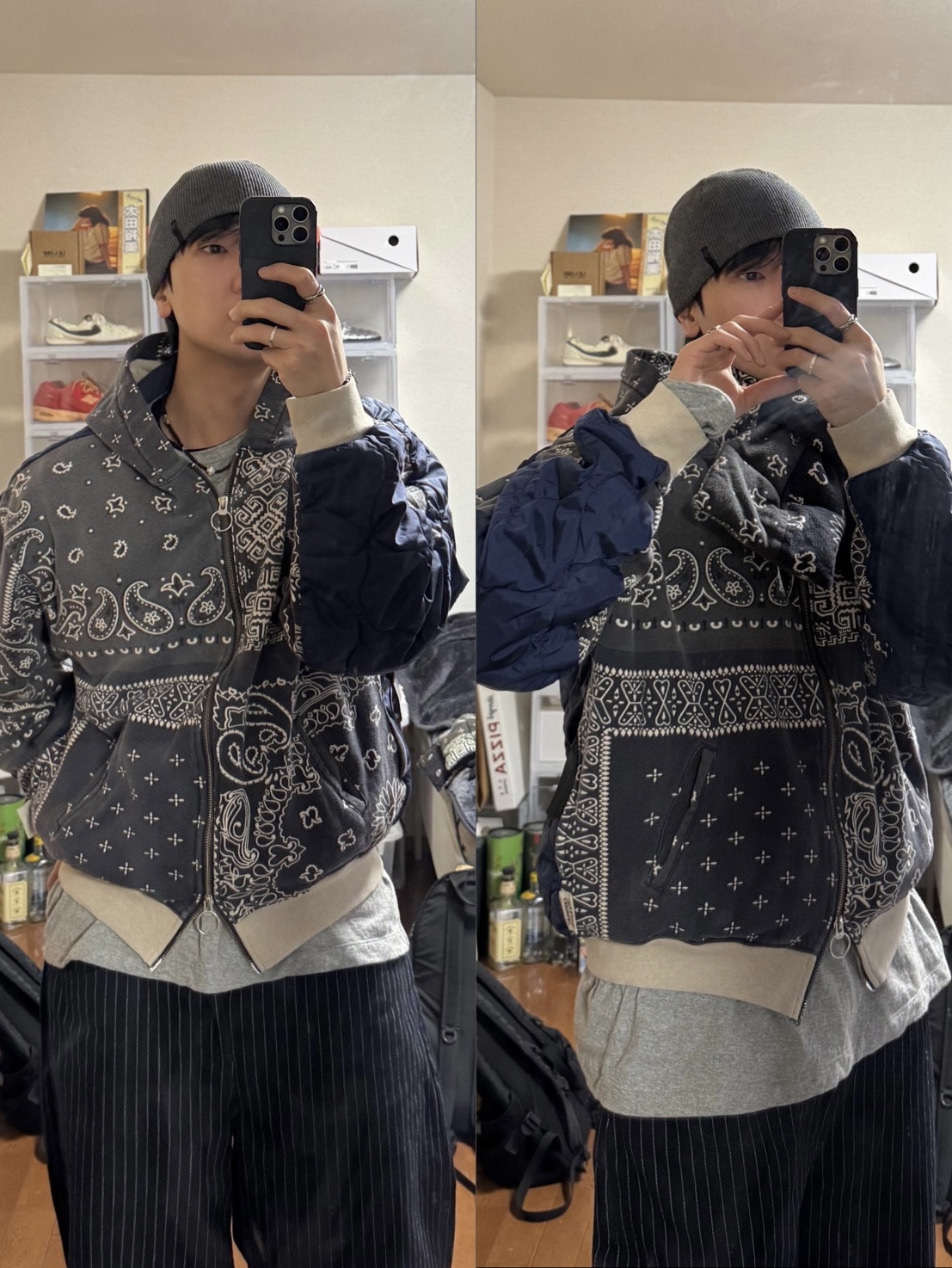 Kapital Fleece Bandana Bivouac Hooded Blouson Black, Kapital Flannel Bandana Pattern Reversible Kesa Muffler Black Khaki 착용 스타일