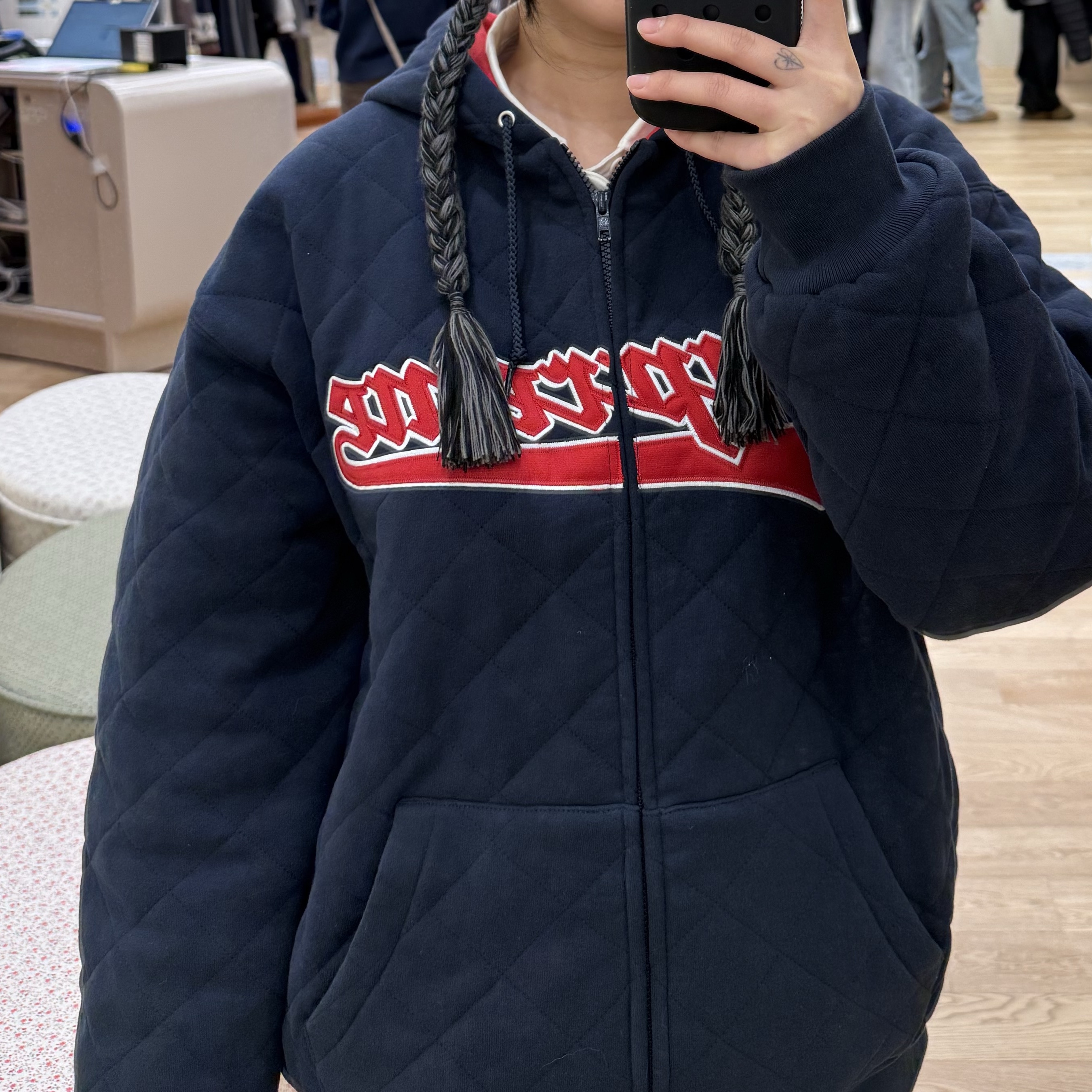 Supreme Quilted Zip Up Hooded Sweatshirt Navy - 25FW 착용 스타일