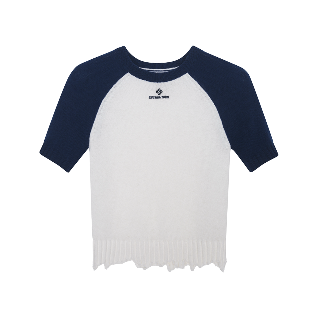 슈슈통 우먼 컬러 블록 로우 엣지 쇼트 슬리브 니트 탑 화이트 - 26SS(Shushu/Tong Women Color Block Raw Edge Short Sleeve Knit Top White - 26SS)