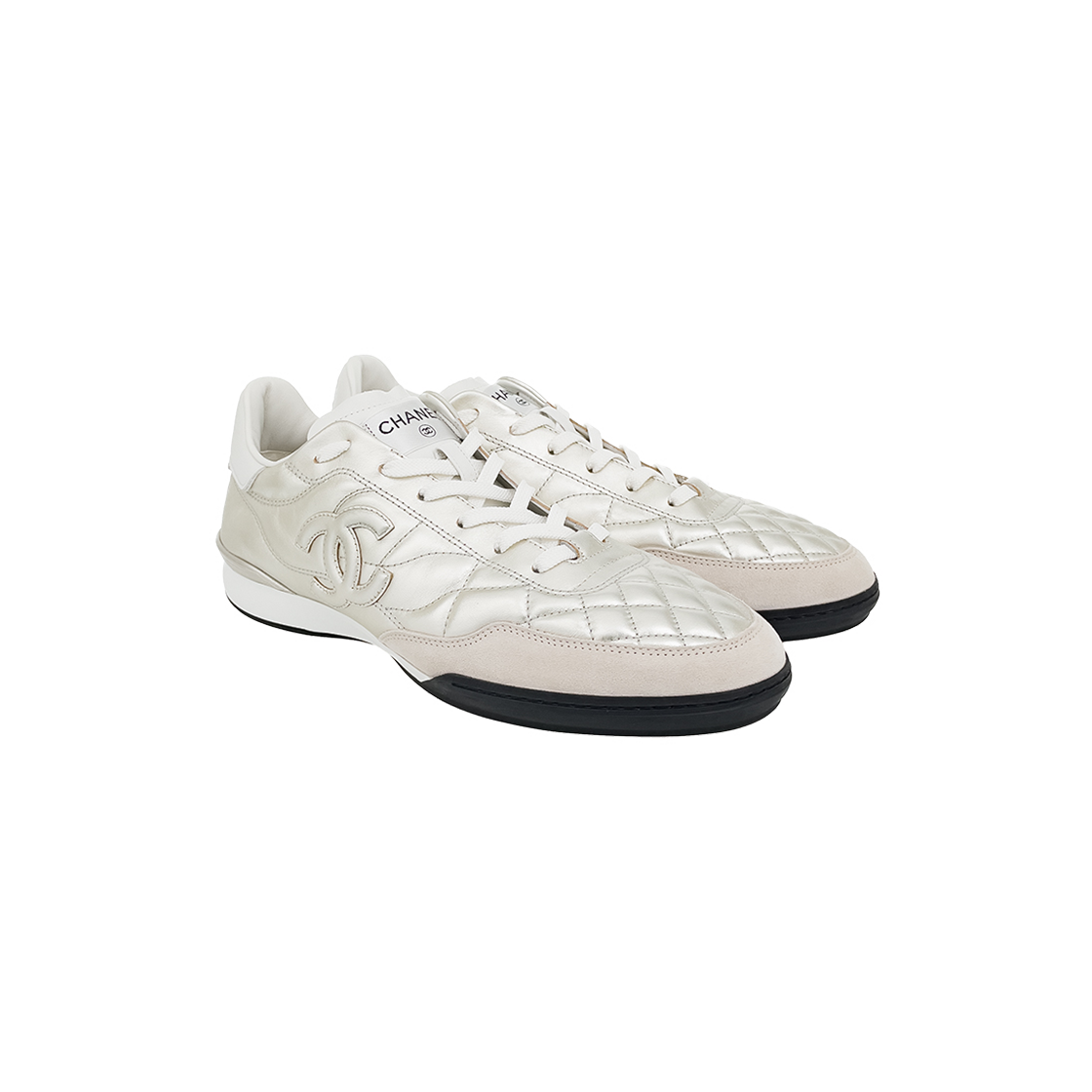 ITC2O8AQ5MVQ Chanel CC Logo Laminated Quilted Men's Sneakers 43 Silver/White