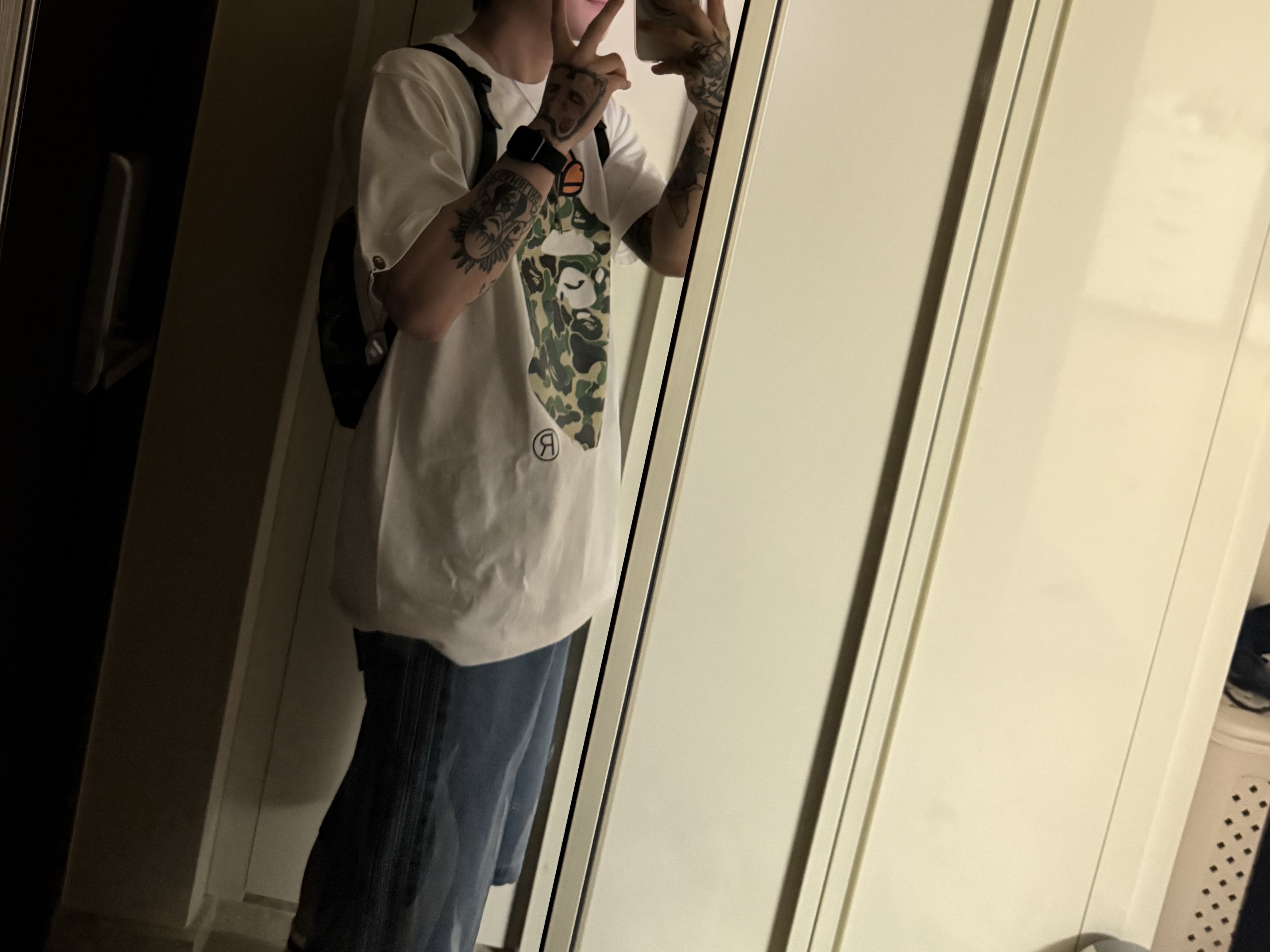 BAPE ABC Camo Milo on Big Ape T-Shirt White Green, Adidas Flames Denim Shorts Blue - KR Sizing 착용 스타일