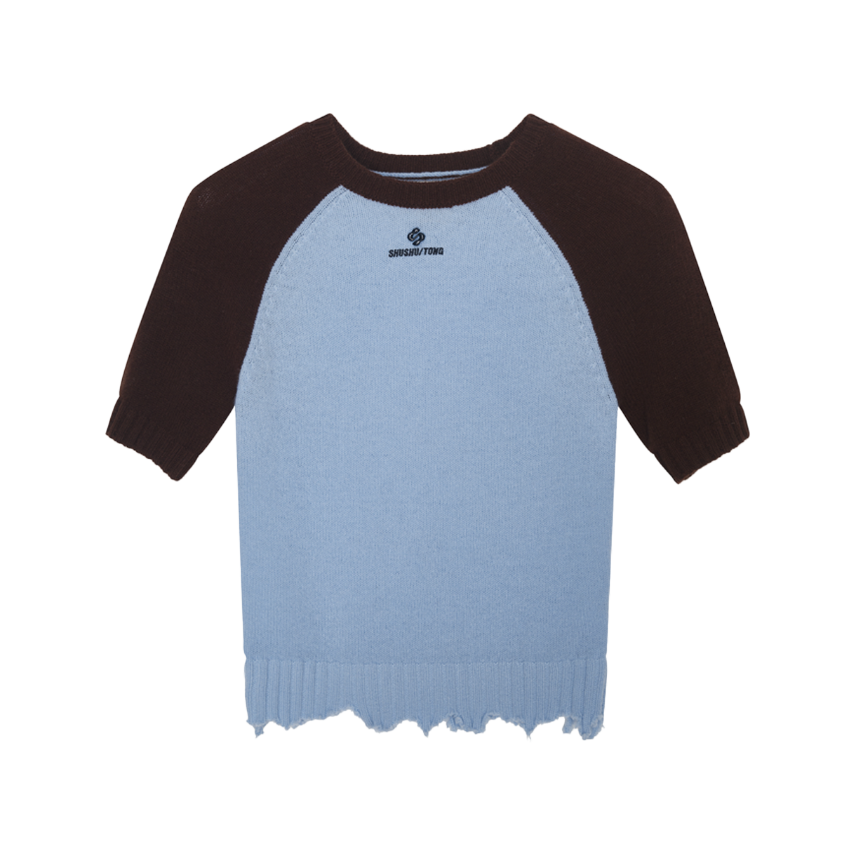 KW6BKNPSH11BL Shushu/Tong Women Color Block Raw Edge Short Sleeve Knit Top Blue - 26SS