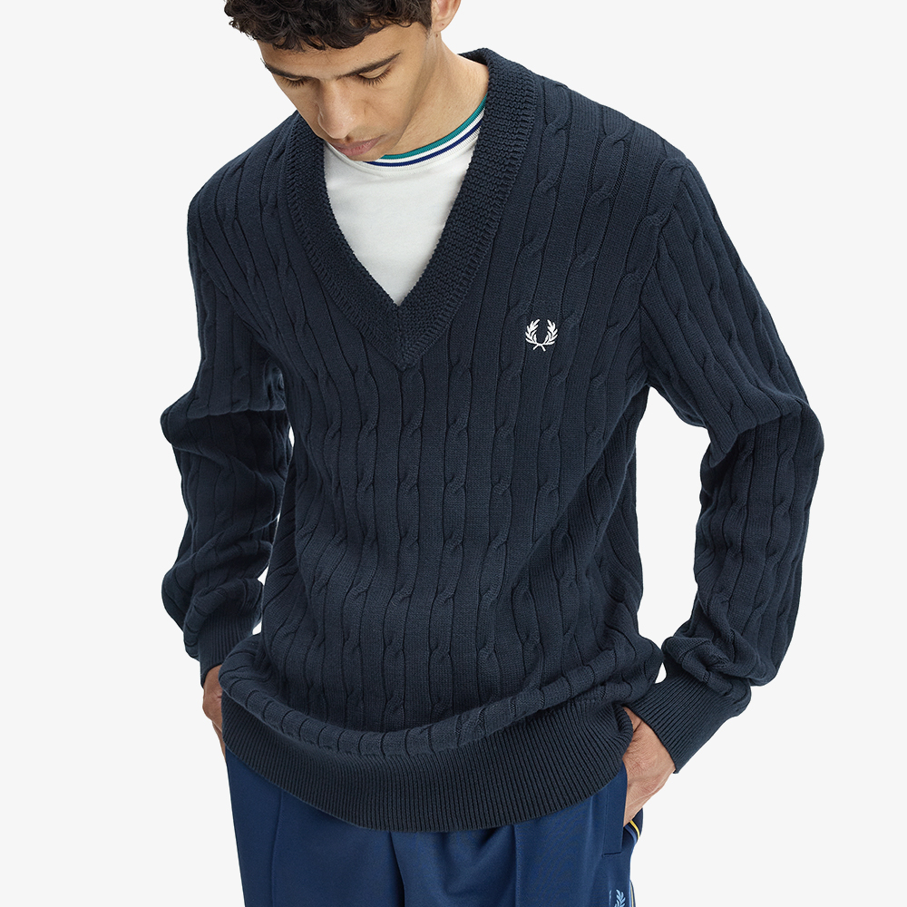 프레드페리 케이블 니트 브이넥 스웨터 네이비(Fred Perry Cable Knit V-Neck Sweater Navy) - 4