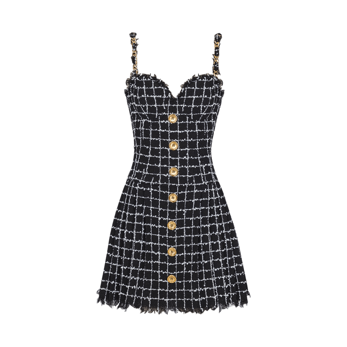 (W) 발망 트위드 드레스 체인 스트랩 블랙((W) Balmain Tweed Dress with Chain Straps Black)