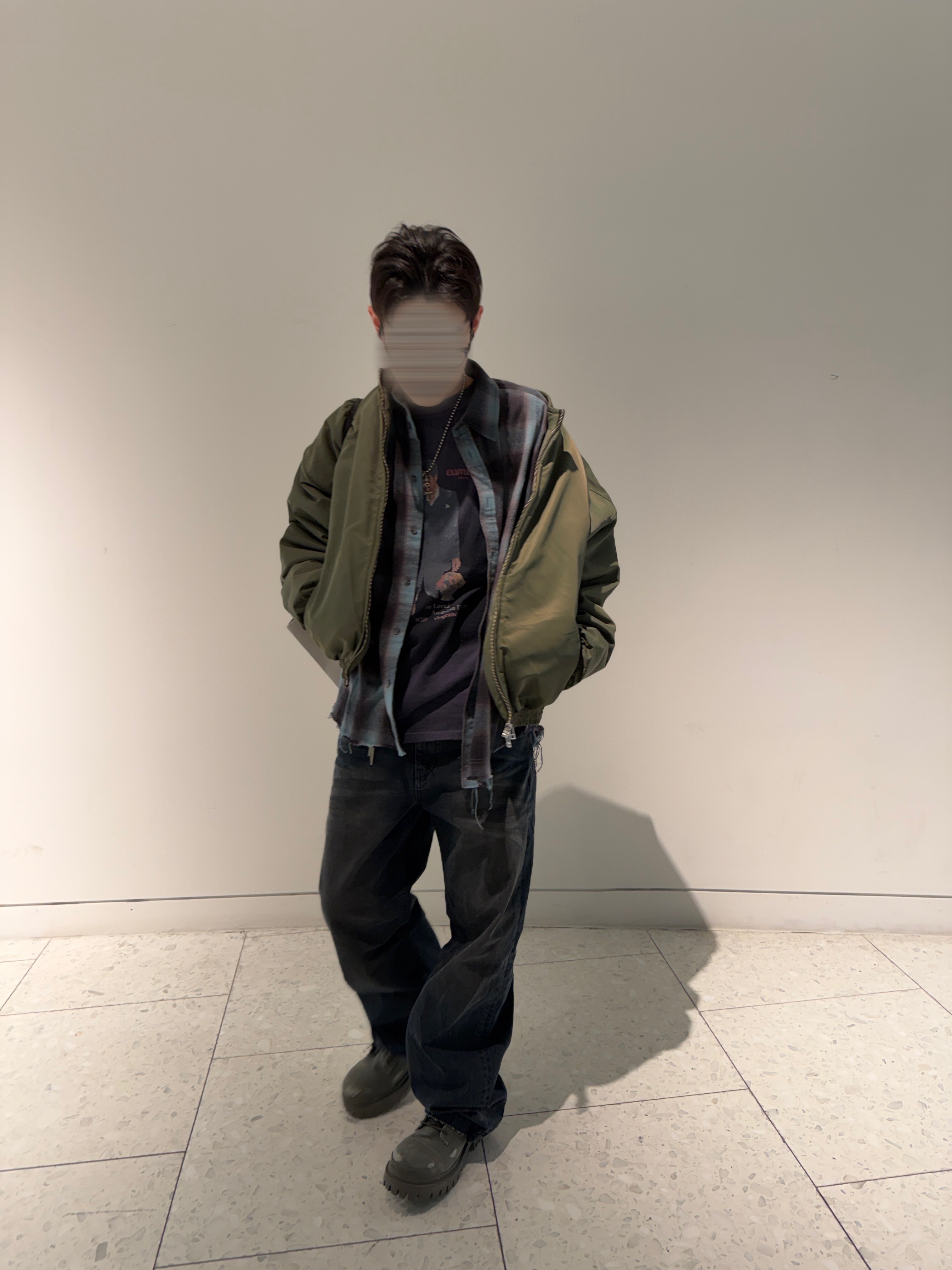 Nonnod Zen Dirty Oil Washed Denim Pants, Nonnod Flexible String Check Shirt Aqua Ash 착용 스타일 - 4