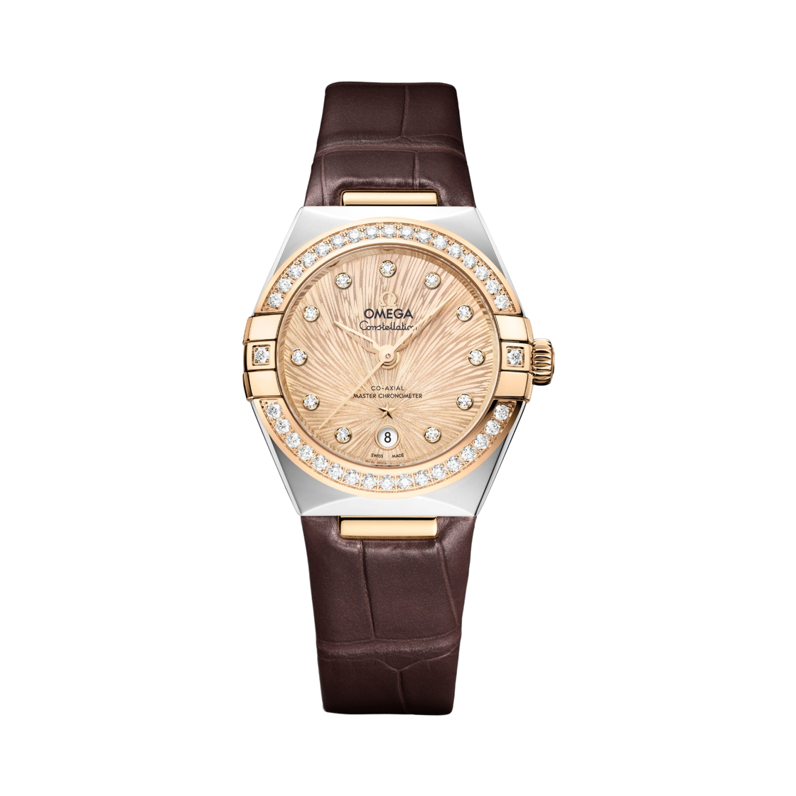 13128292058001 (W) Omega Constellation Automatic Co Axial Master Chronometer 29mm Steel Moonshine Gold Alligator Yellow Diamond (Transparent Caseback Ver.)